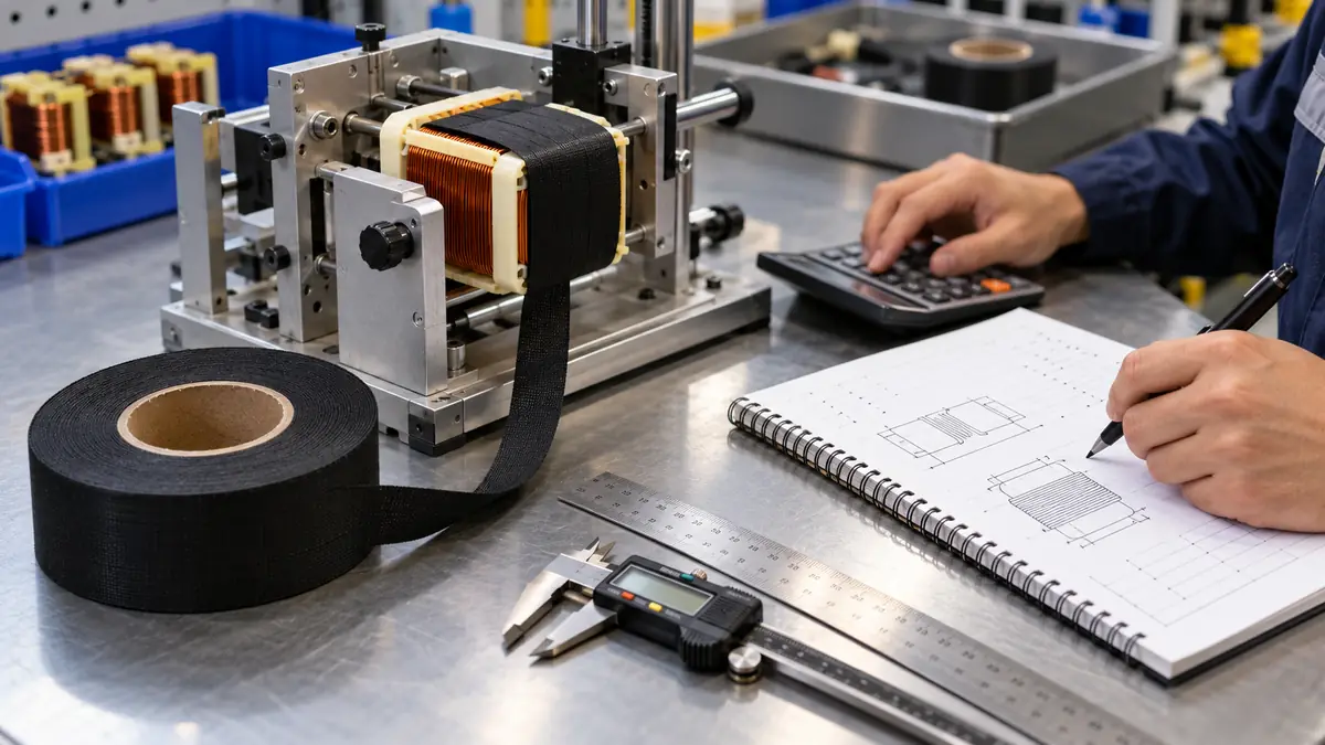 Quality engineer estimating black acetate cloth tape consumption beside a transformer coil wrapping fixture
