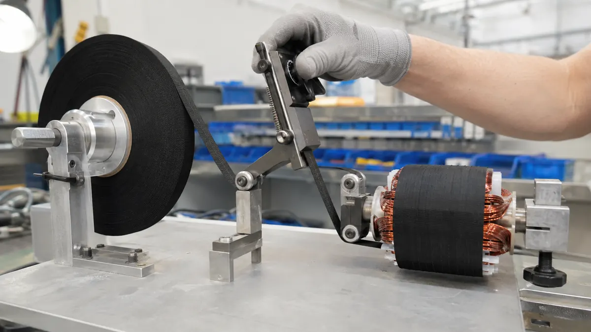 Technician adjusting unwind tension as black acetate cloth tape feeds onto an electrical coil