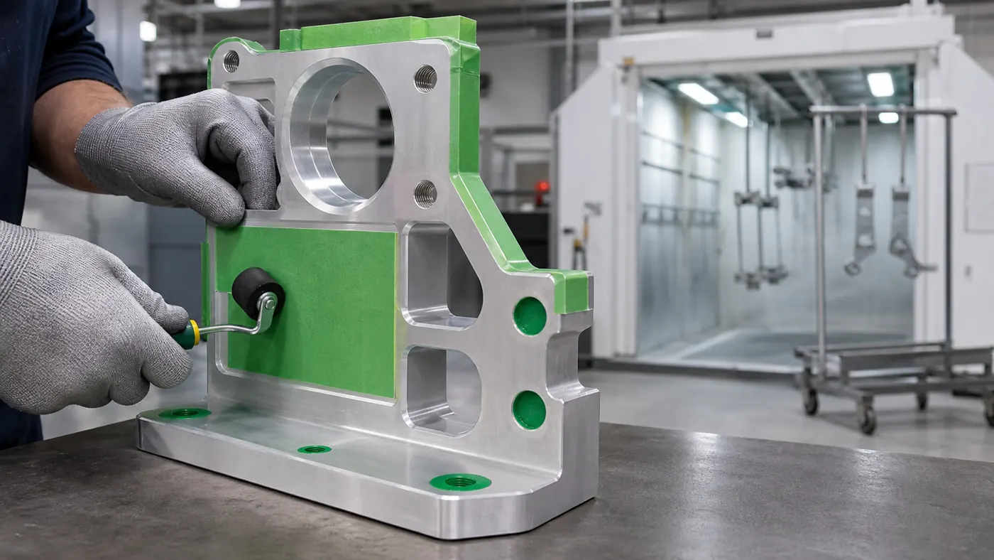 High temperature tape for powder coating masking on a machined aluminum part