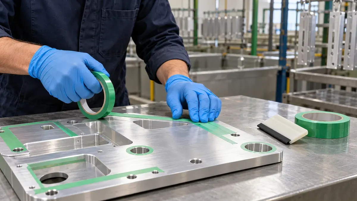 Technician applying green PET silicone masking tape to an aluminum component before anodizing
