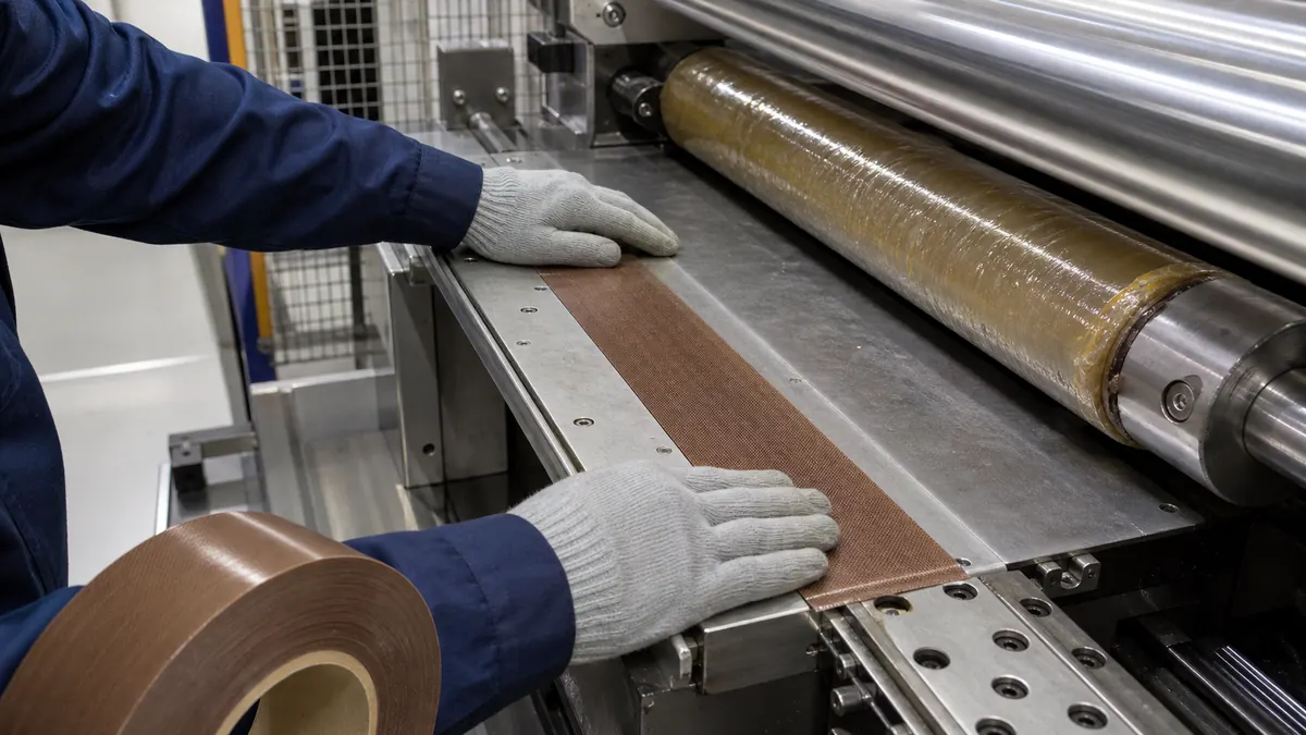 Technician applying brown PTFE fiberglass tape to a hot-melt adhesive line guide plate beside a roller