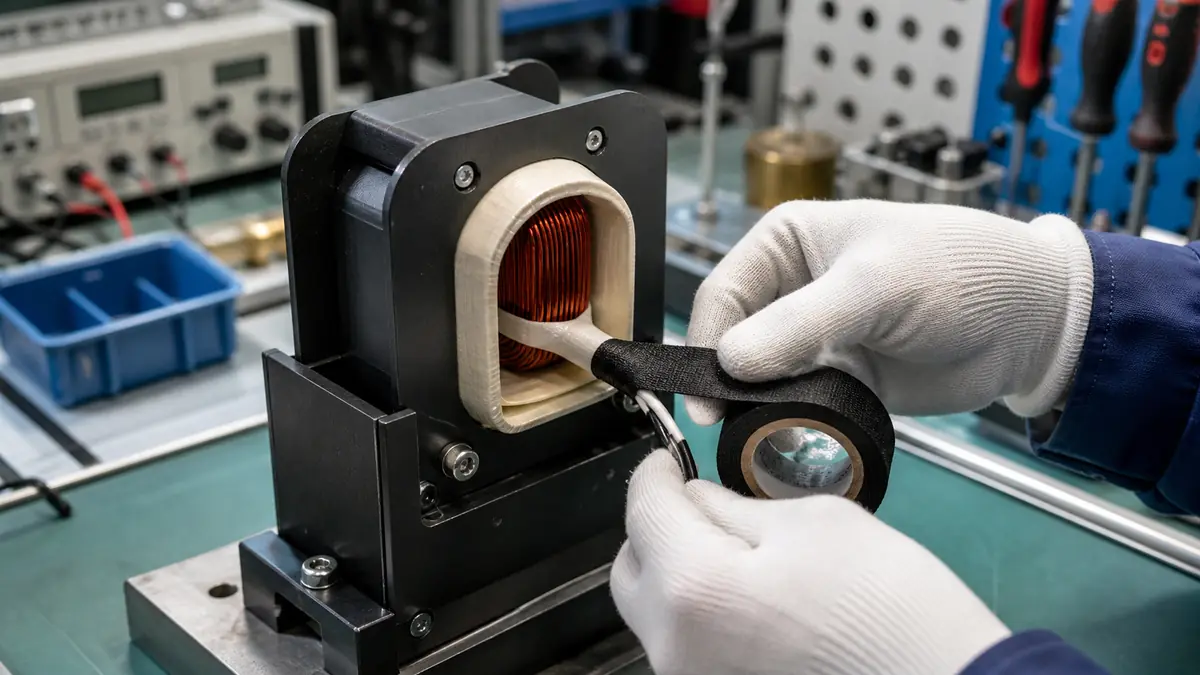 Technician wrapping black acetate cloth tape around the secondary lead exit of a current transformer coil