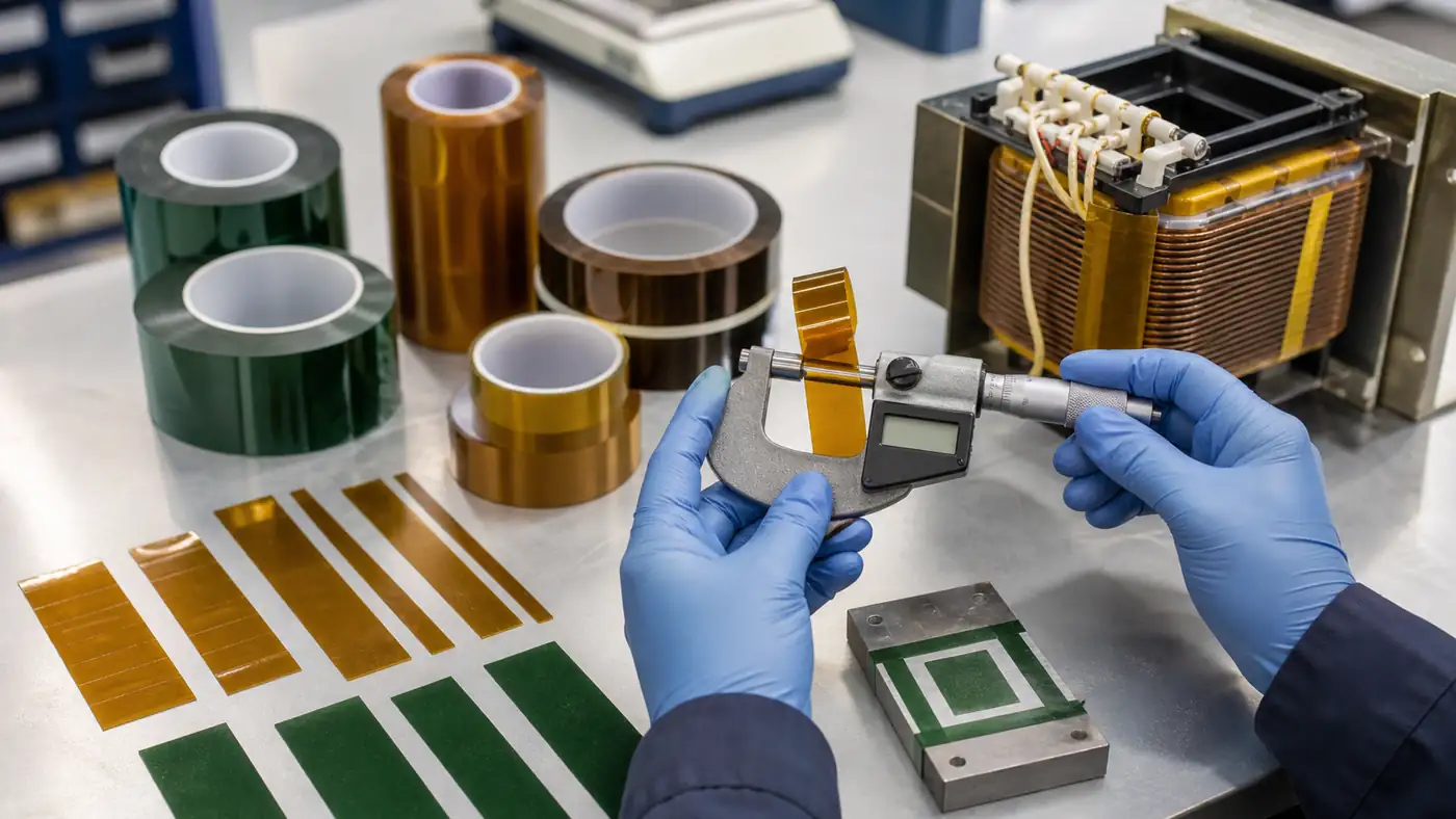 Digital micrometer measuring polyimide and PET adhesive tape thickness for industrial selection