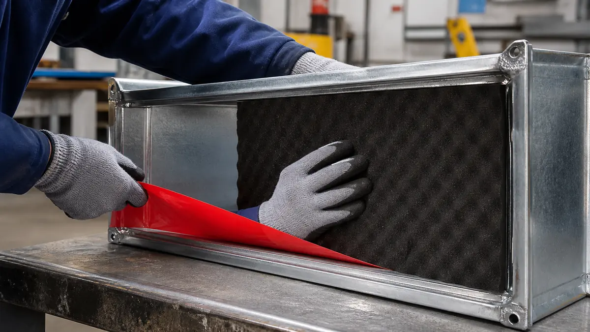 Technician peeling red liner from industrial double-sided tape while bonding charcoal acoustic foam inside a galvanized HVAC duct