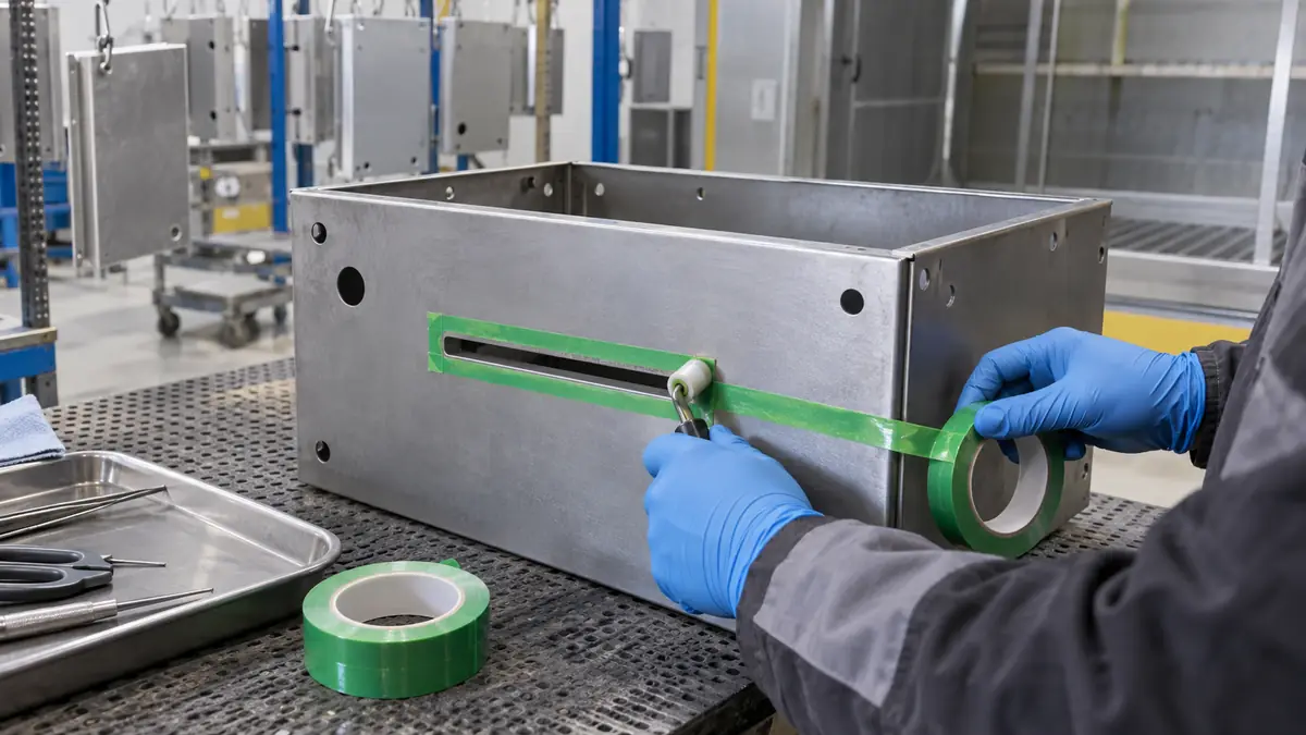 Technician applying green PET silicone tape around an enclosure drain slot before powder coating