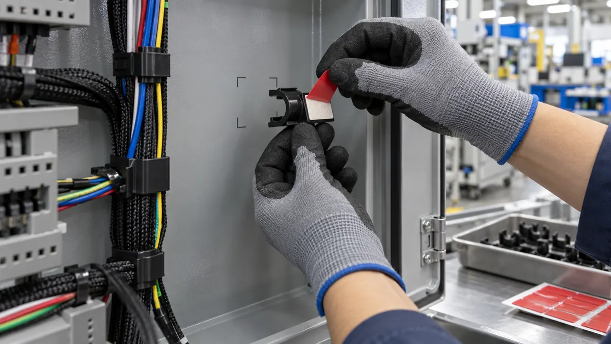 Technician peeling red liner from a die-cut double-sided adhesive pad on a wiring harness clip inside an electrical cabinet