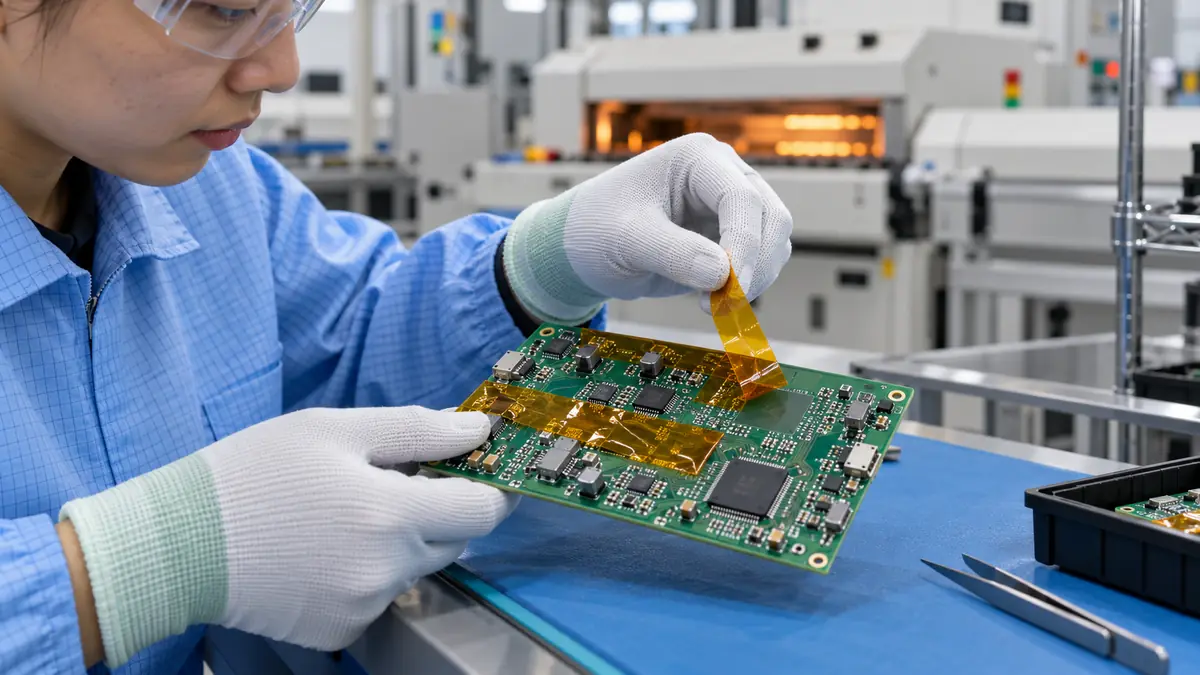 Electronics technician peeling amber polyimide masking tape from a PCB after reflow for residue inspection