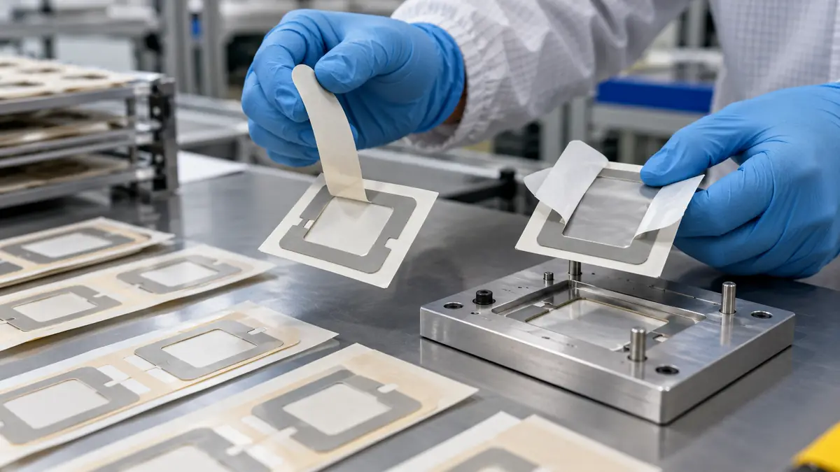Engineer comparing pull-tab and split-liner designs on custom die-cut adhesive tape frames