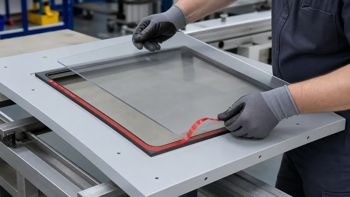 Technician peeling red liner from double-sided tape while aligning a polycarbonate machine guard window