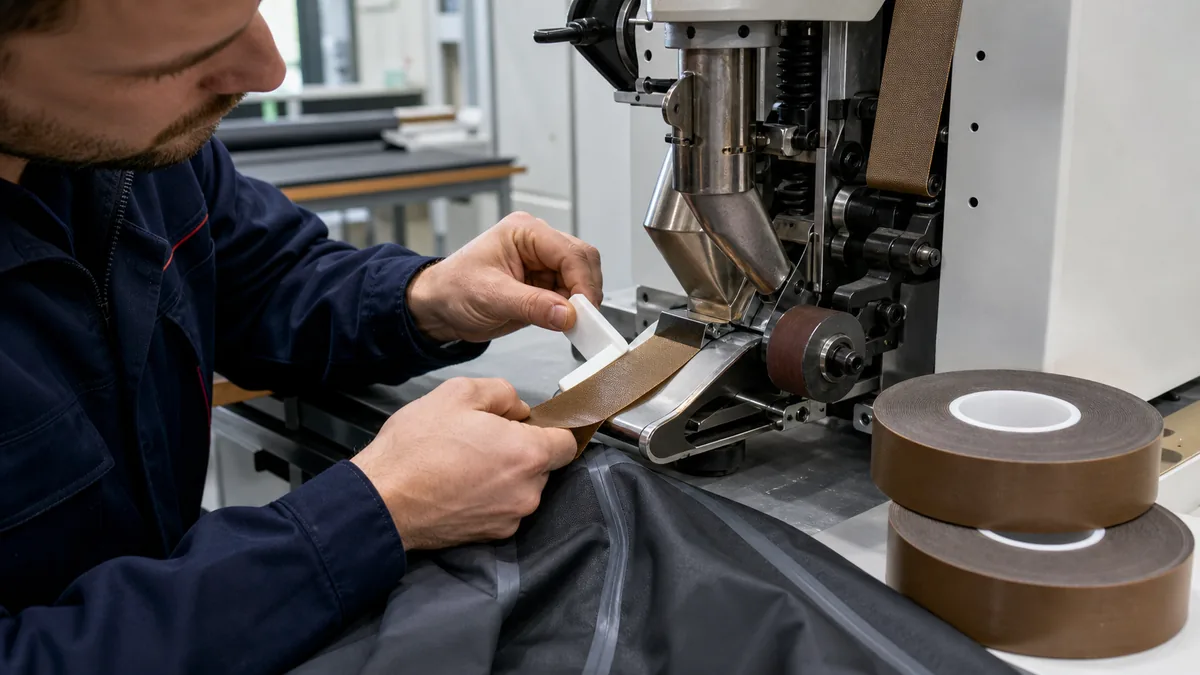 Technician applying brown PTFE tape to a guide surface on an isolated textile seam-sealing machine