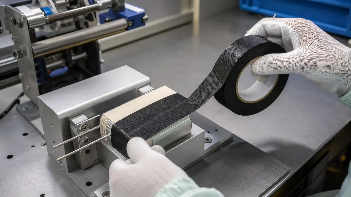 Operator wrapping black acetate cloth tape around a rectangular wound-film capacitor pack