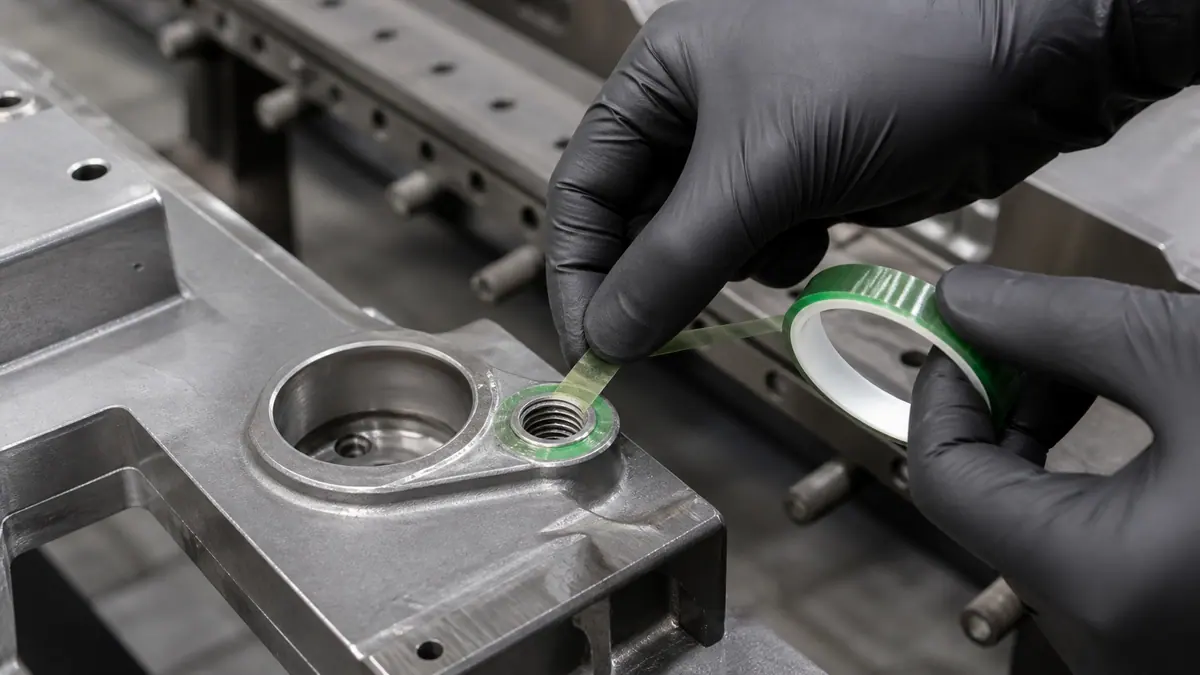 Technician applying green PET silicone masking tape around the land of a threaded metal insert before powder coating