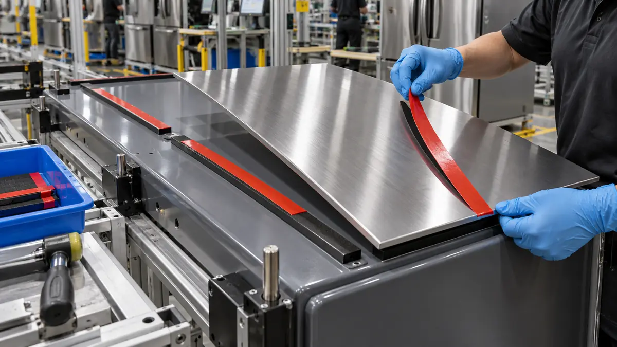 Technician peeling red liner from black double-sided tape while bonding a stainless appliance decorative panel