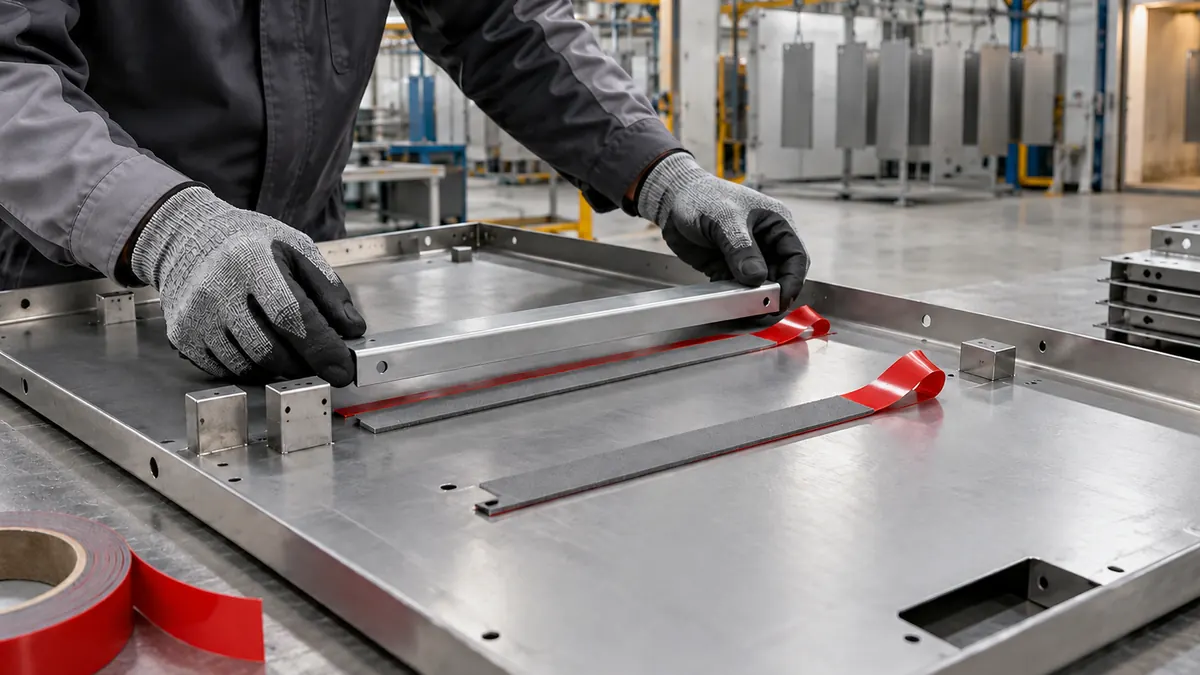 Technician bonding a metal stiffener to a bare steel panel with acrylic foam tape before powder coating