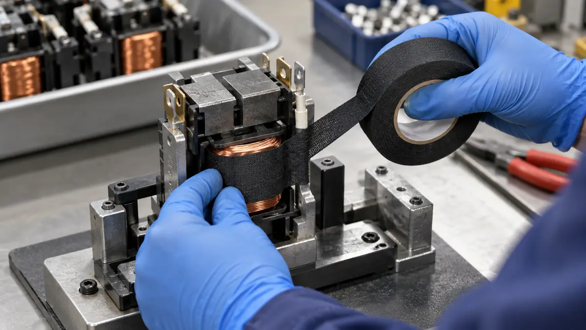 Technician wrapping black acetate cloth tape around an industrial contactor coil on an assembly fixture