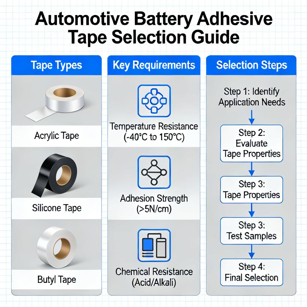 Infographic of key tape types, requirements, and selection steps for automotive battery assembly