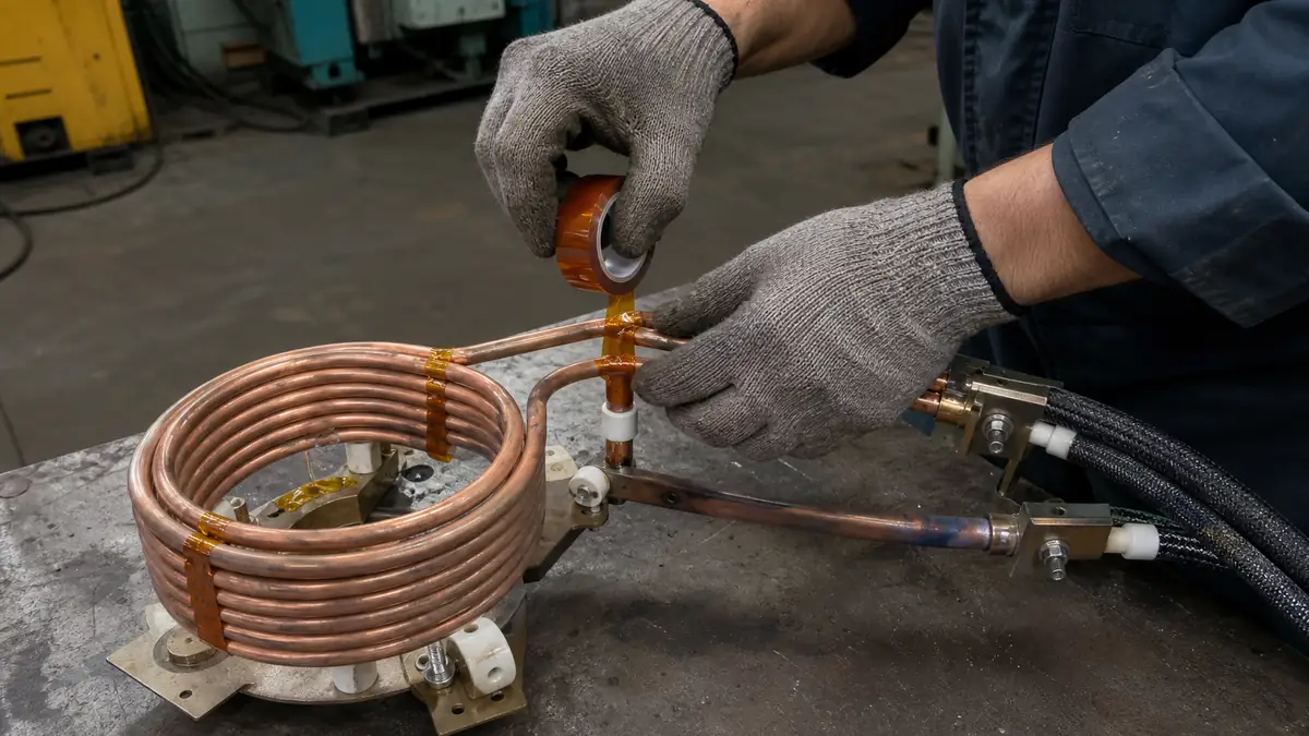 Technician wrapping amber polyimide tape around an induction heating coil lead junction