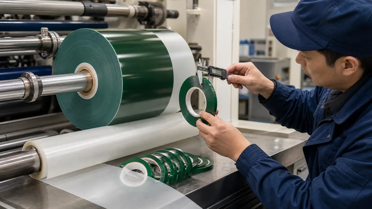 Technician measuring the slit width of a green PET silicone tape roll beside an industrial rewinding machine