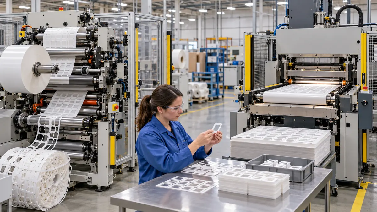 Technician comparing precision adhesive tape parts produced on rotary and flatbed die-cutting equipment