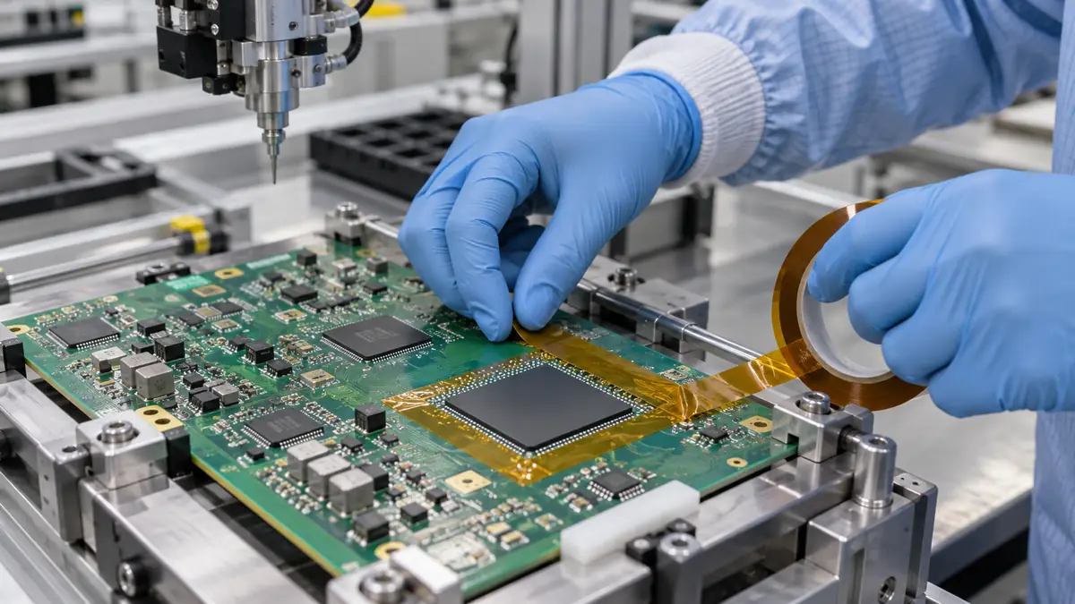 Technician applying amber polyimide tape around a BGA keep-out area before PCB underfill dispensing