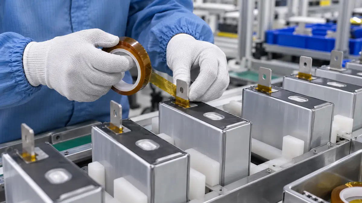 Battery module technician wrapping amber polyimide tape around the root of a prismatic lithium cell tab