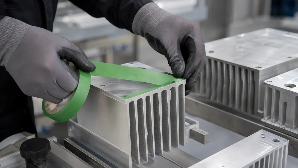 Technician applying green PET silicone masking tape to the machined mounting face of an aluminum heat sink