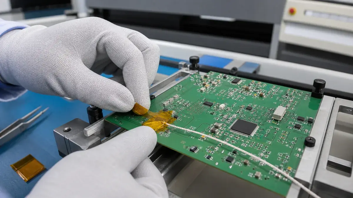 Engineer securing a fine thermocouple wire to a populated PCB with amber polyimide tape before reflow profiling
