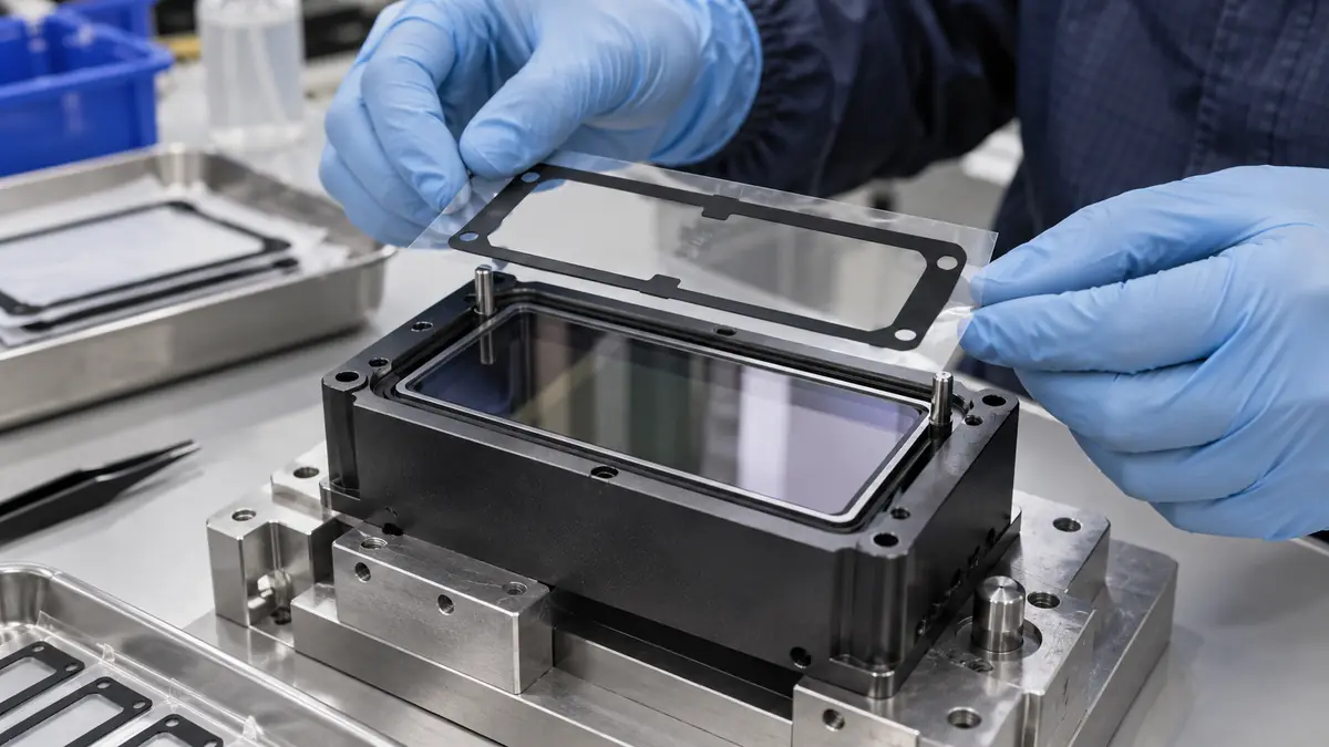 Technician positioning a black custom die-cut adhesive frame around a LiDAR sensor optical window