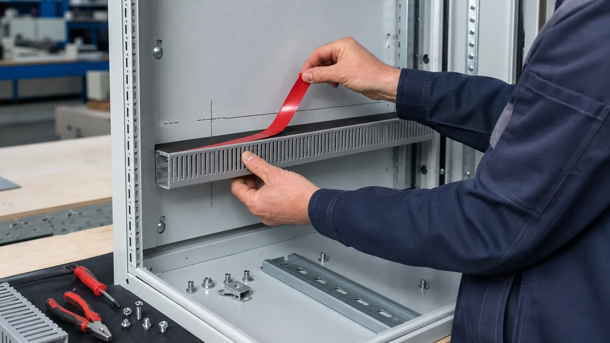 Technician peeling red liner from industrial double-sided tape while mounting slotted wiring duct in a control cabinet