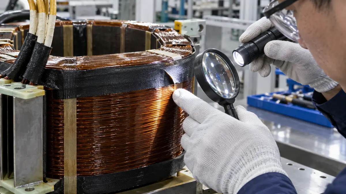 Technician inspecting a lifted edge in black acetate cloth tape on a varnished electrical coil