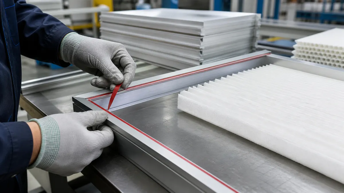Operator peeling the red liner from double-sided tape inside an aluminum air filter frame