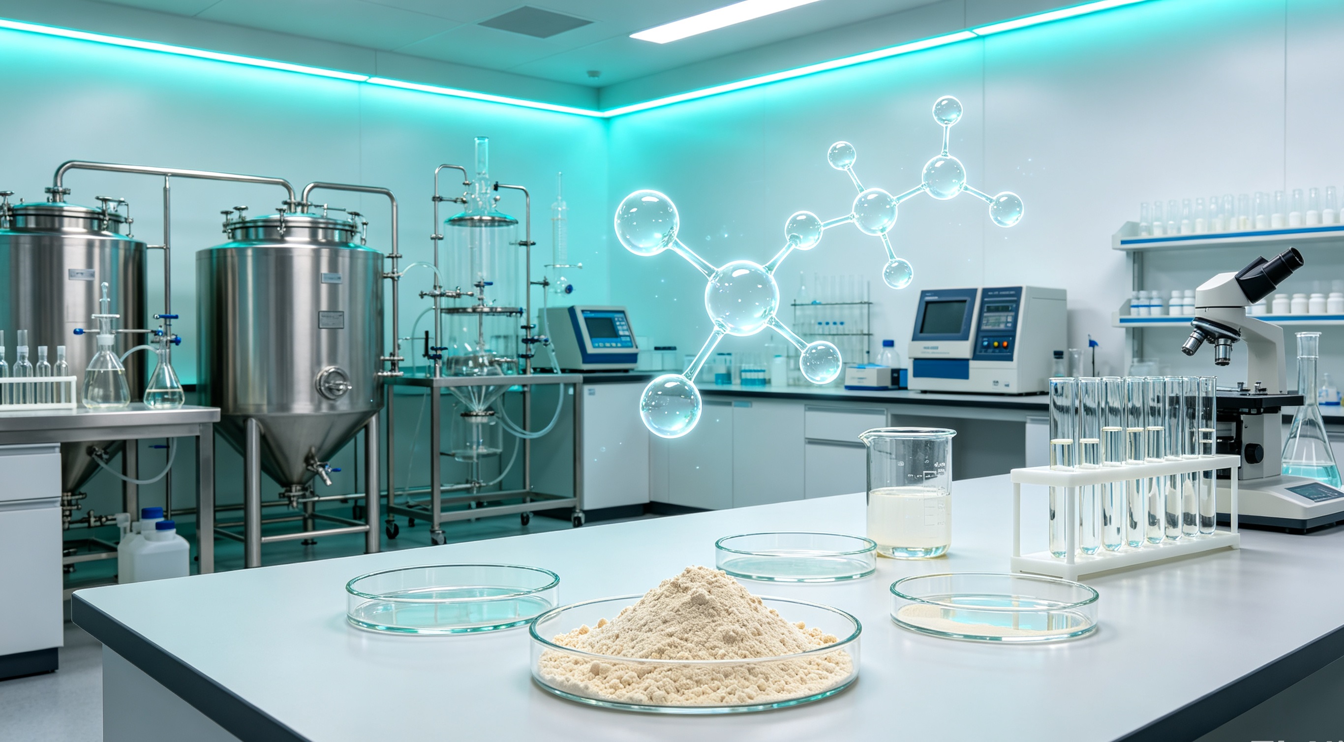 Bovine Protein biotechnology application, modern laboratory with protein powder samples, fermentation tanks, amino acid molecular structure, clean biotech facility, scientific atmosphere, ultra realistic industrial photography