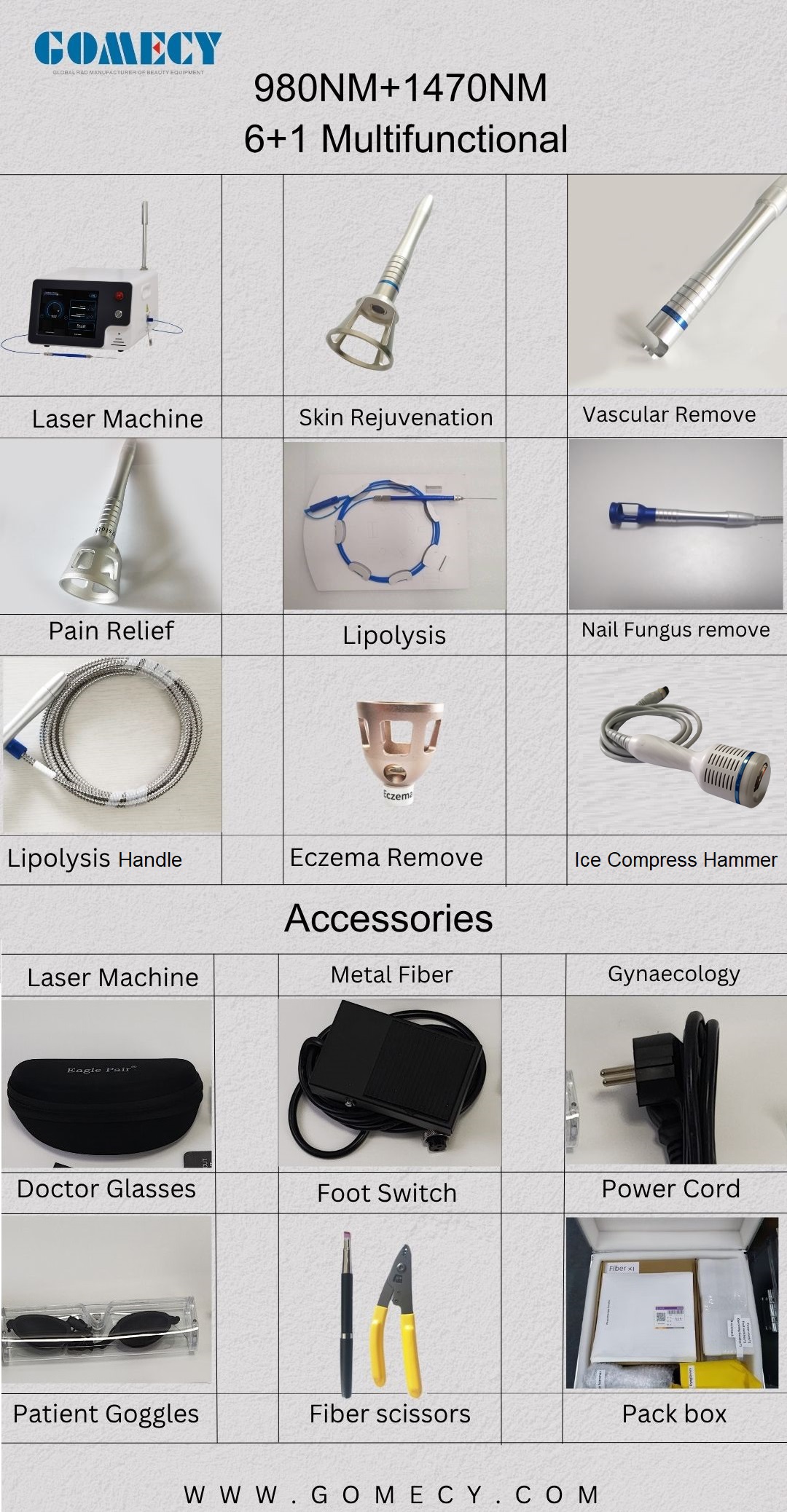 980nm 1470nm diode laser 6+1 multifunctional physiotherapy surgery treatment device