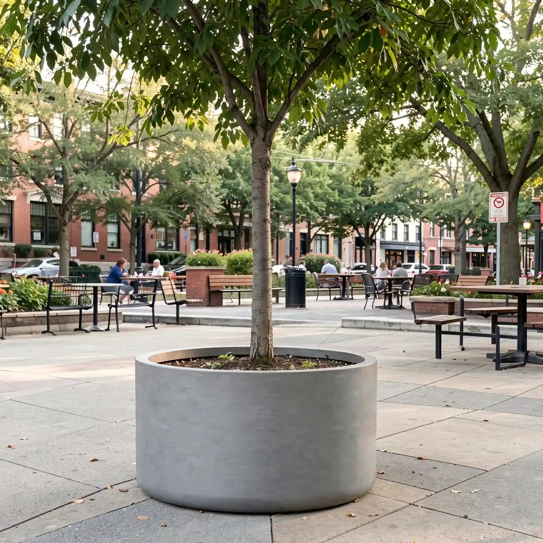Commercial-grade extra tall GFRC planters featuring a classic raw concrete finish and superior craftsmanship, providing a striking architectural landscape scale to a modern commercial exterior setting.