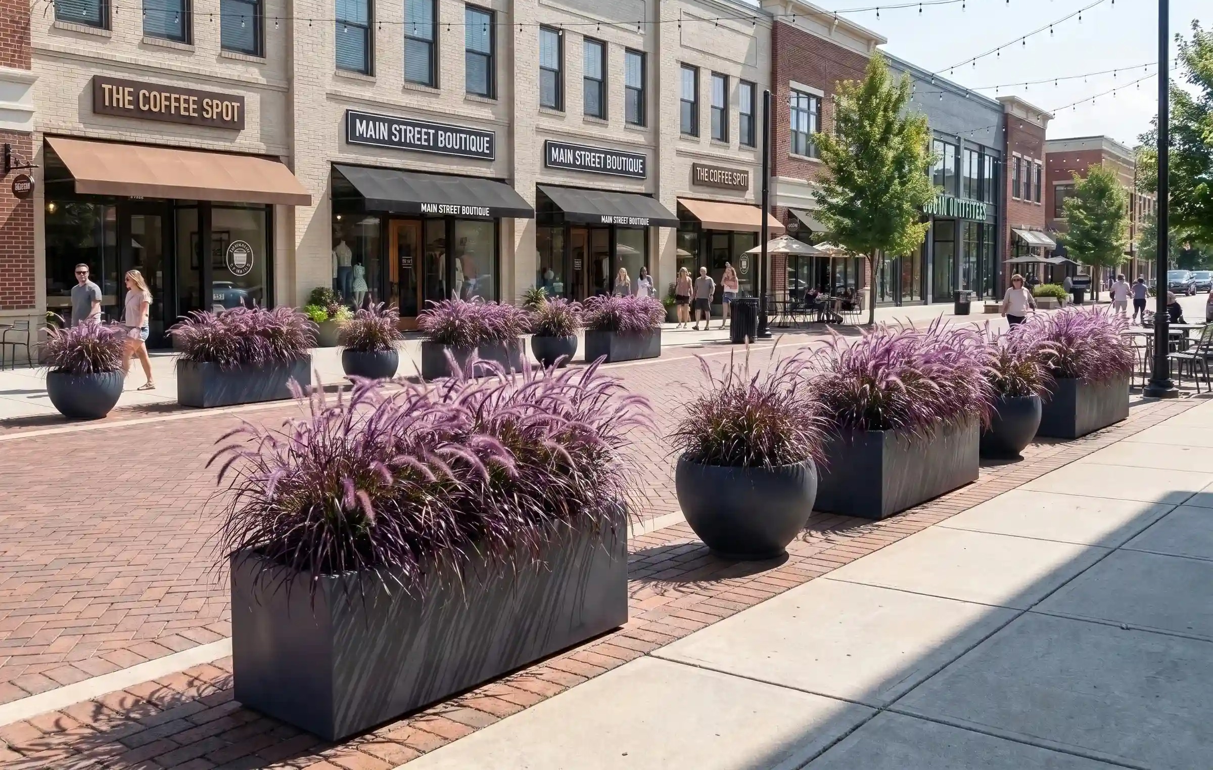 Commercial streetscape GRC planters with trees and greenery outside retail buildings