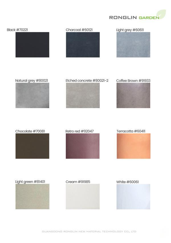 Ronglin Garden reference board showing twelve GFRC planter color and finish options
