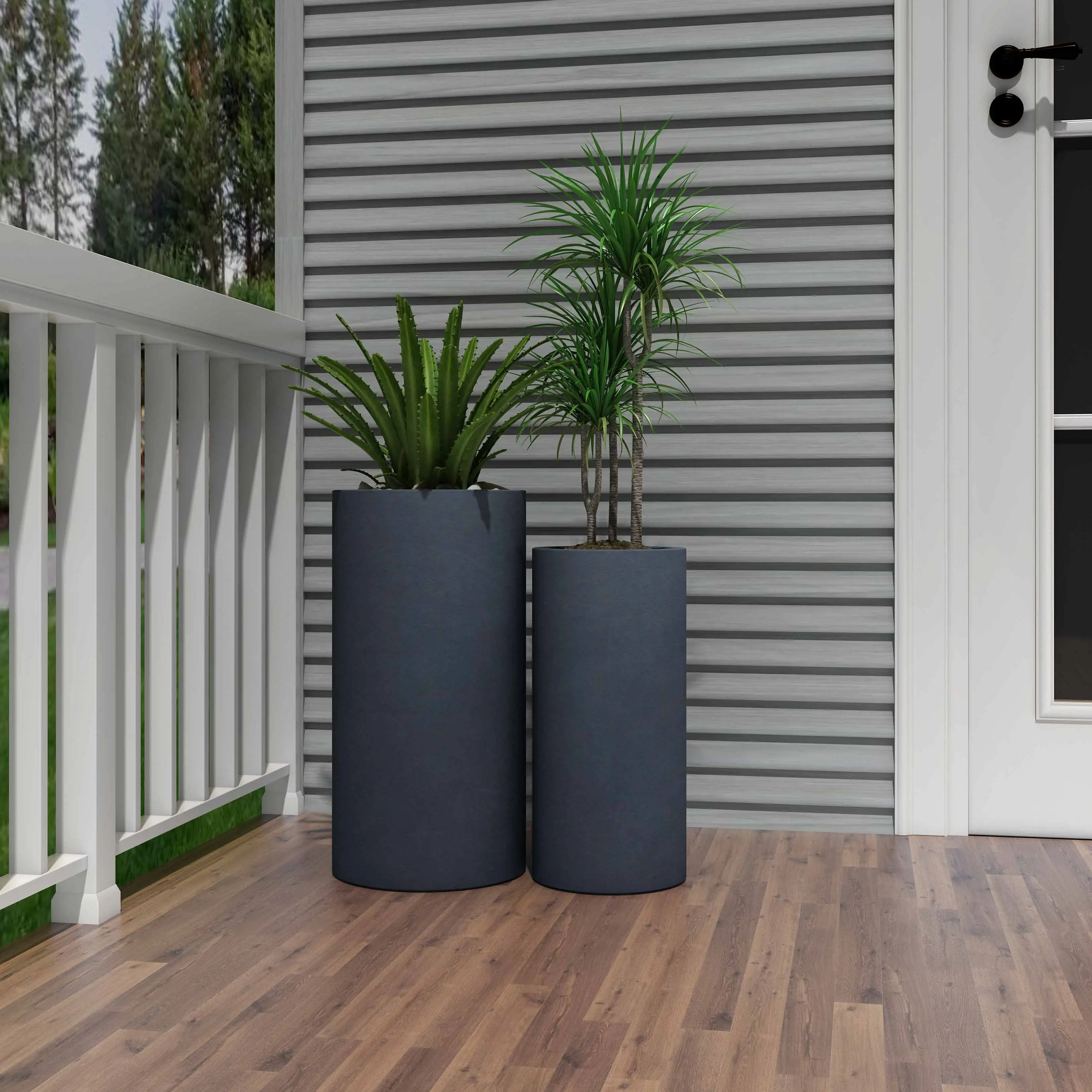 black tall cylinder fiberglass/concrete planter set displaying front door