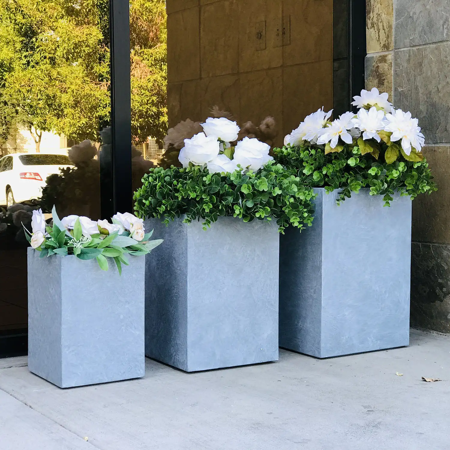 floor standing large lightweight concrete planters of 3 sizes