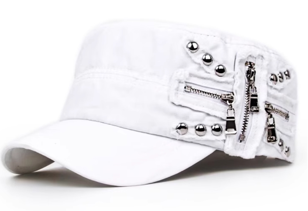 A bold fusion of edgy design and retro charm! These statement-making hats feature a sleek flat crown for a modern silhouette, accented with industrial rivet details and a zipper embellishmet for an urban, avant-garde twist.