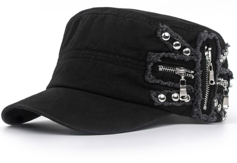 A bold fusion of edgy design and retro charm! These statement-making hats feature a sleek flat crown for a modern silhouette, accented with industrial rivet details and a zipper embellishmet for an urban, avant-garde twist.