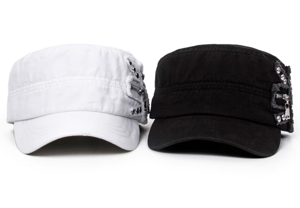 A bold fusion of edgy design and retro charm! These statement-making hats feature a sleek flat crown for a modern silhouette, accented with industrial rivet details and a zipper embellishmet for an urban, avant-garde twist.