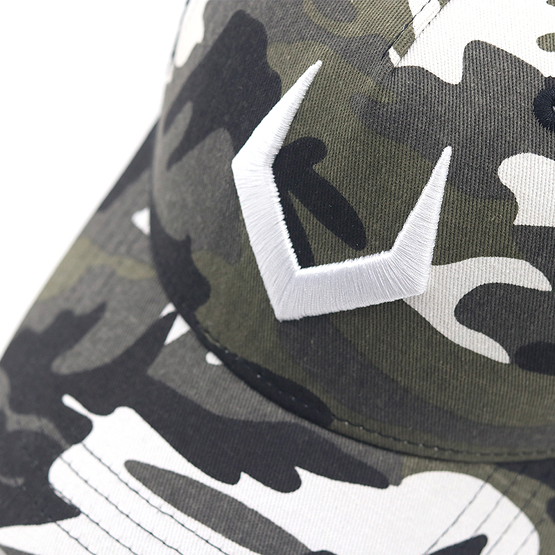A camo cap with an embroidered logo is a unique and stylish piece of headwear. The cap itself features a camouflage pattern, which is typically inspired by military designs and consists of a blend of earthy tones like greens, browns, and grays.