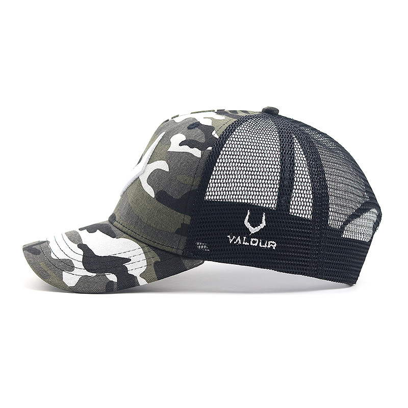 A camo cap with an embroidered logo is a unique and stylish piece of headwear. The cap itself features a camouflage pattern, which is typically inspired by military designs and consists of a blend of earthy tones like greens, browns, and grays.