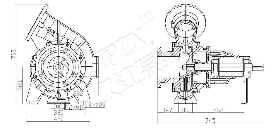 Diesel Engine Non-Clogging Sewage Pump JPW Series Pump Head Dimensions and Structural Drawing | JPZX