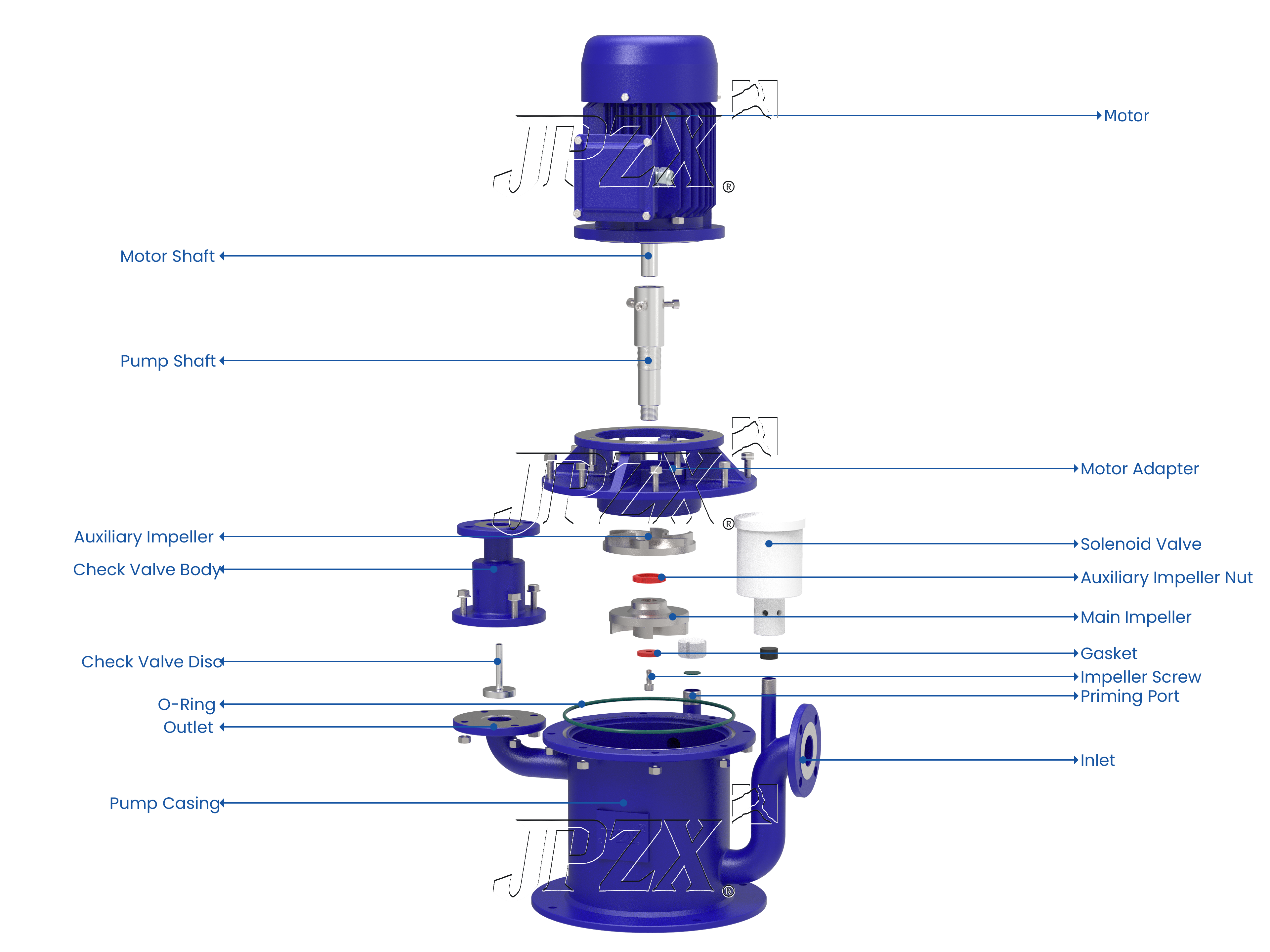 Sealless Automatic Self Priming Pump WFB Series Vertical Exploded View and Component Breakdown | JPZX