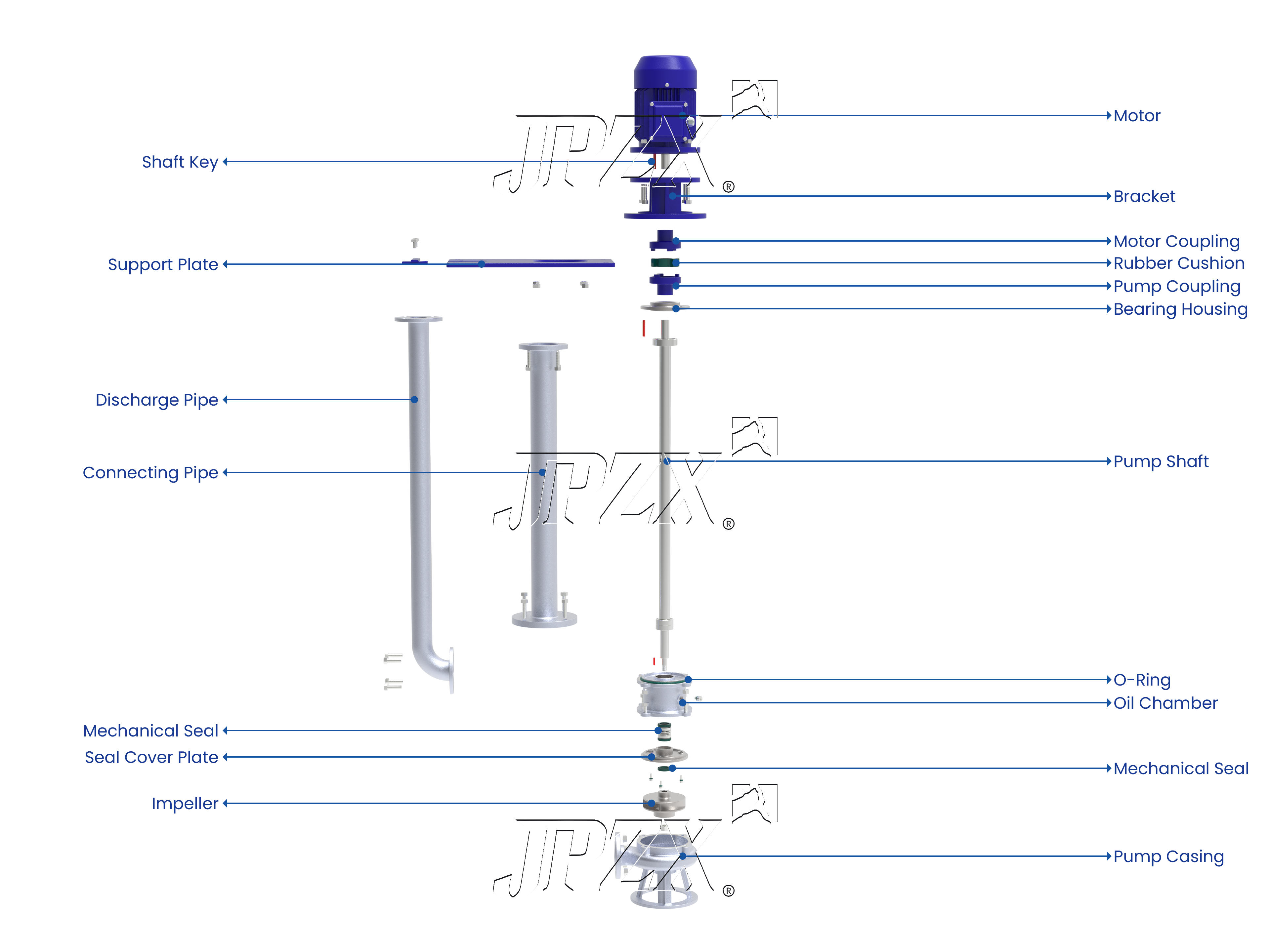 YW Series Stainless Steel Vertical Sump Sewage Pump Exploded Assembly View | JPZX