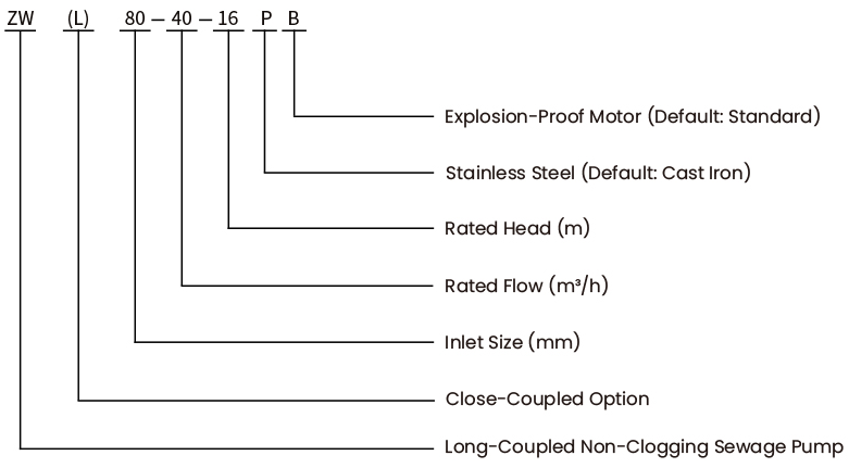 Self-Priming Sewage Pump ZW Series Model Designation and Nomenclature Chart | JPZX