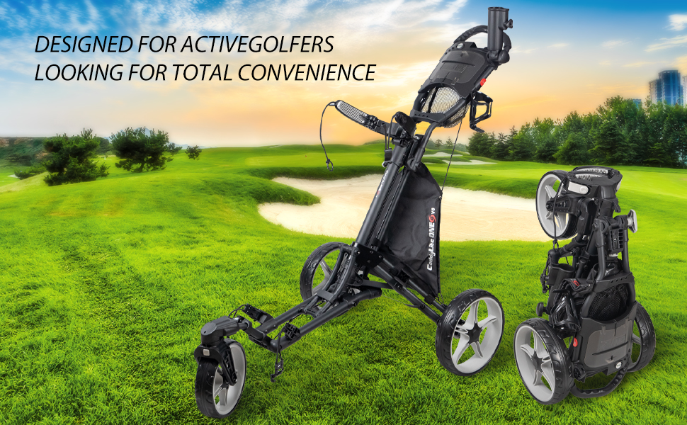 One click golf push cart, Innovation & Easy to use, Swivel front wheel & Sturdy, Golf Enthusiast