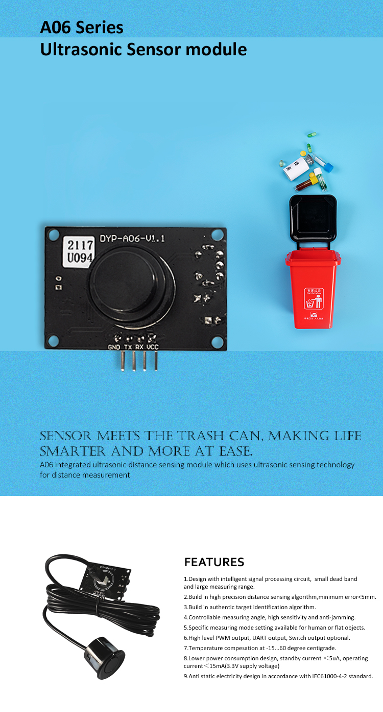 Main features and application in trash can of A06 ultrasonic sensor module