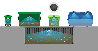 Bin level sensors monitor waste fullness in various shaped waste bins.
